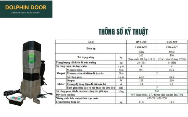 Thông số kỹ thuật motor cửa cuốn BSV 500KG